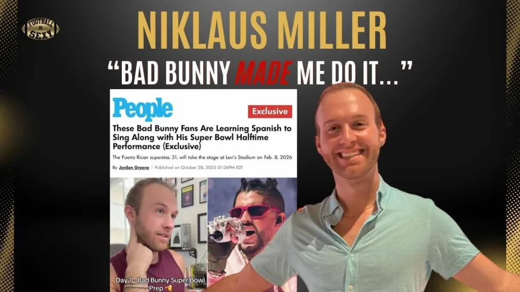 Smiling man beside magazine headline collage