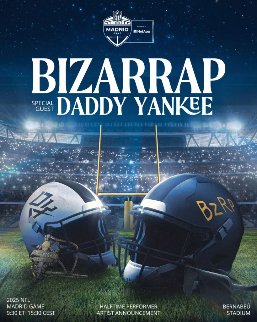 NFL Madrid halftime poster with helmets
