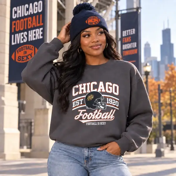 Woman wearing a Chicago Football Est. 1920 crewneck sweatshirt.
