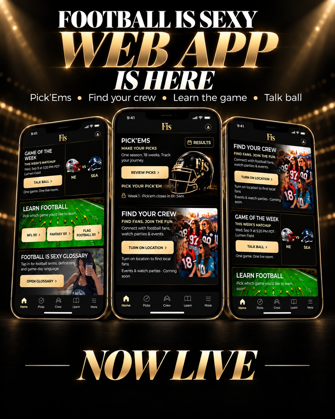 Football Is Sexy web app launch graphic with three phone screens.