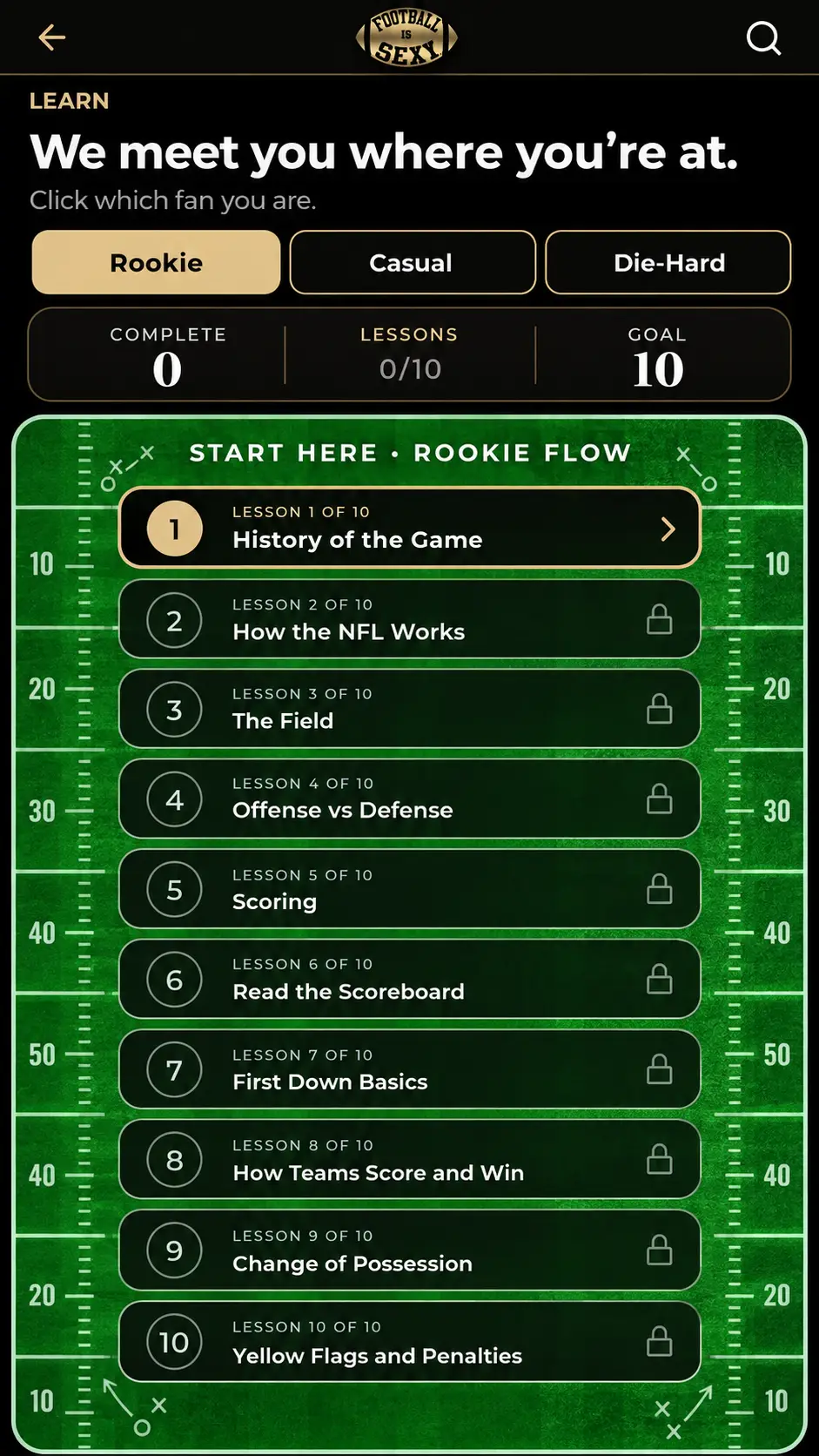 Football Is Sexy web app showing the ten-lesson rookie football learning path.